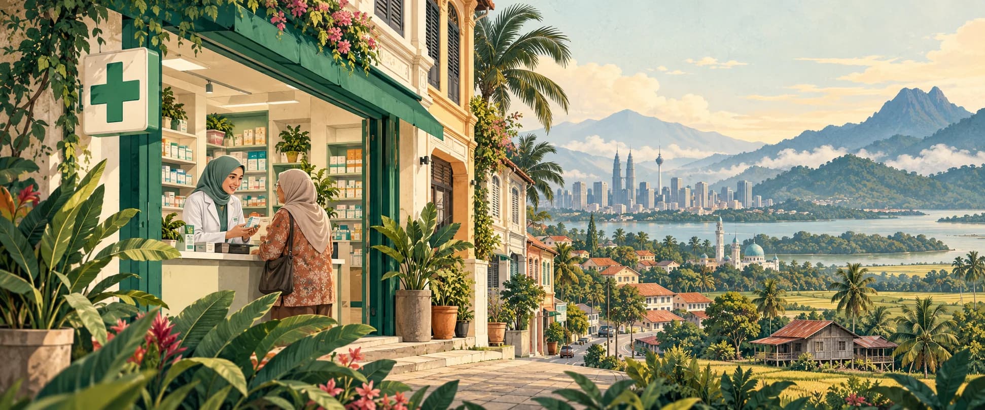 Editorial illustration of a community pharmacist and customer, with Malaysian urban and rural landscapes