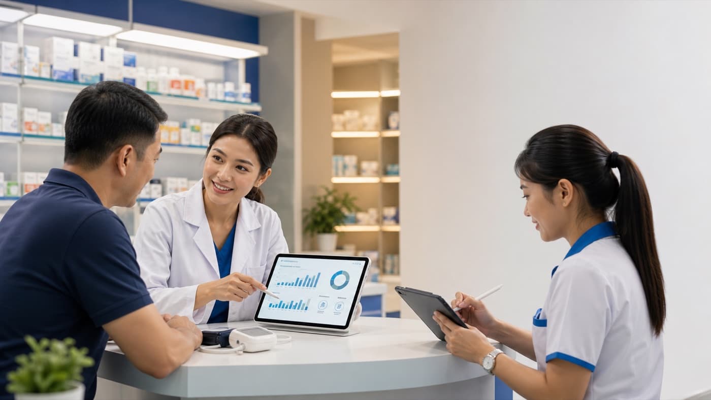 Modern pharmacy care workflow with patient consultation, screening, and medication support
