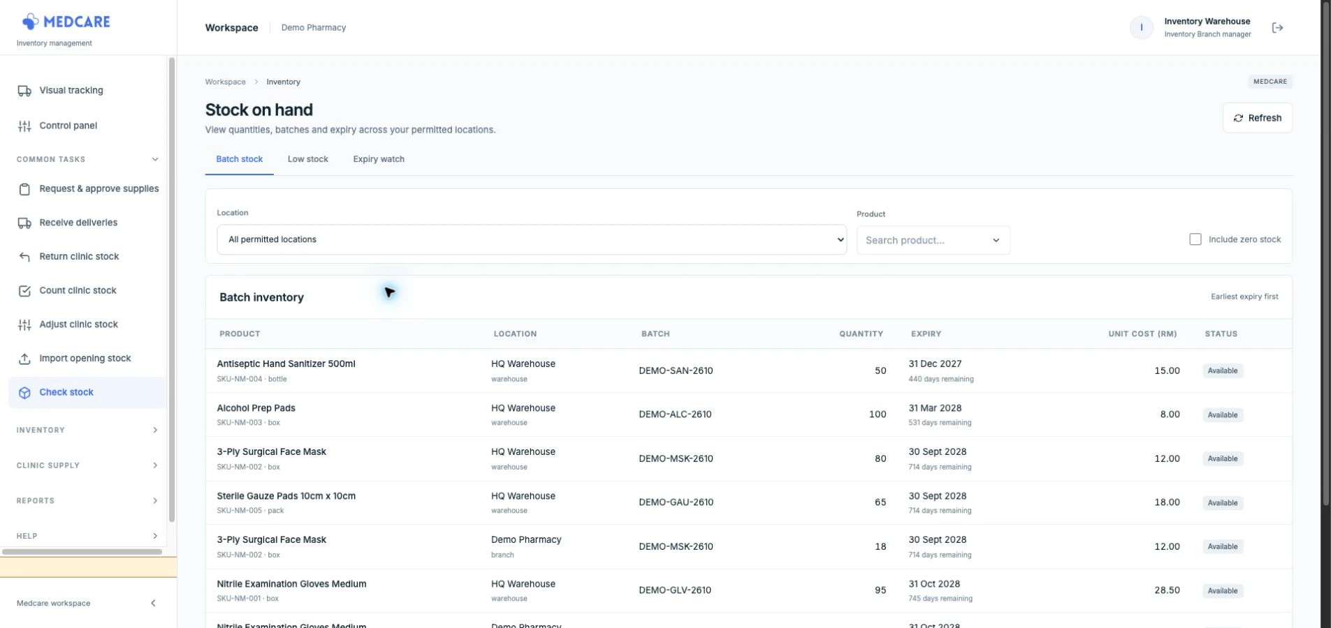 Medcare stock screen showing demo supplies, locations, batch numbers, quantities and expiry dates
