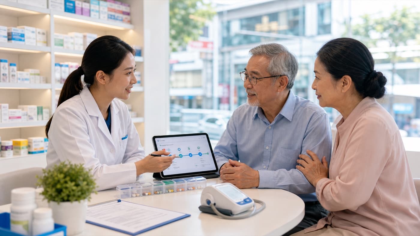 Pharmacy team member reviewing medication follow-up materials with a patient