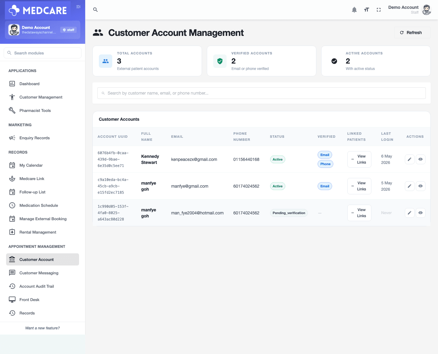 Medcare customer account view for patient care context