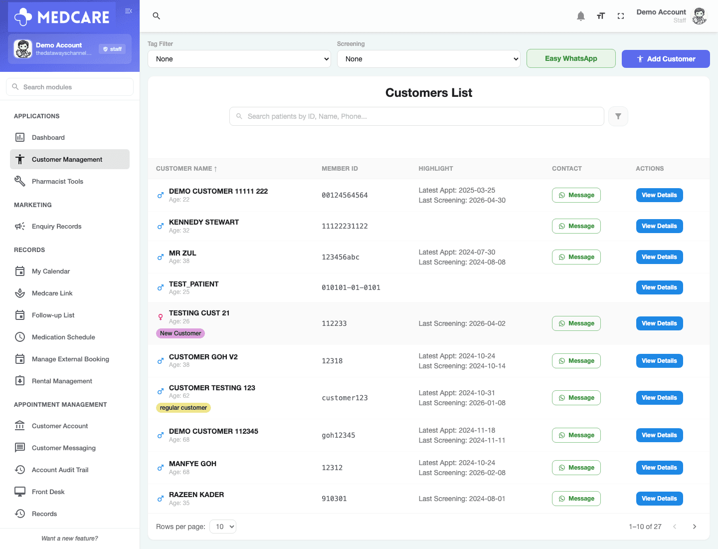 Medcare customer list with screening and appointment context