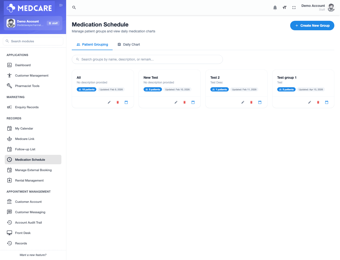Medcare medication schedule view for pharmacy care planning