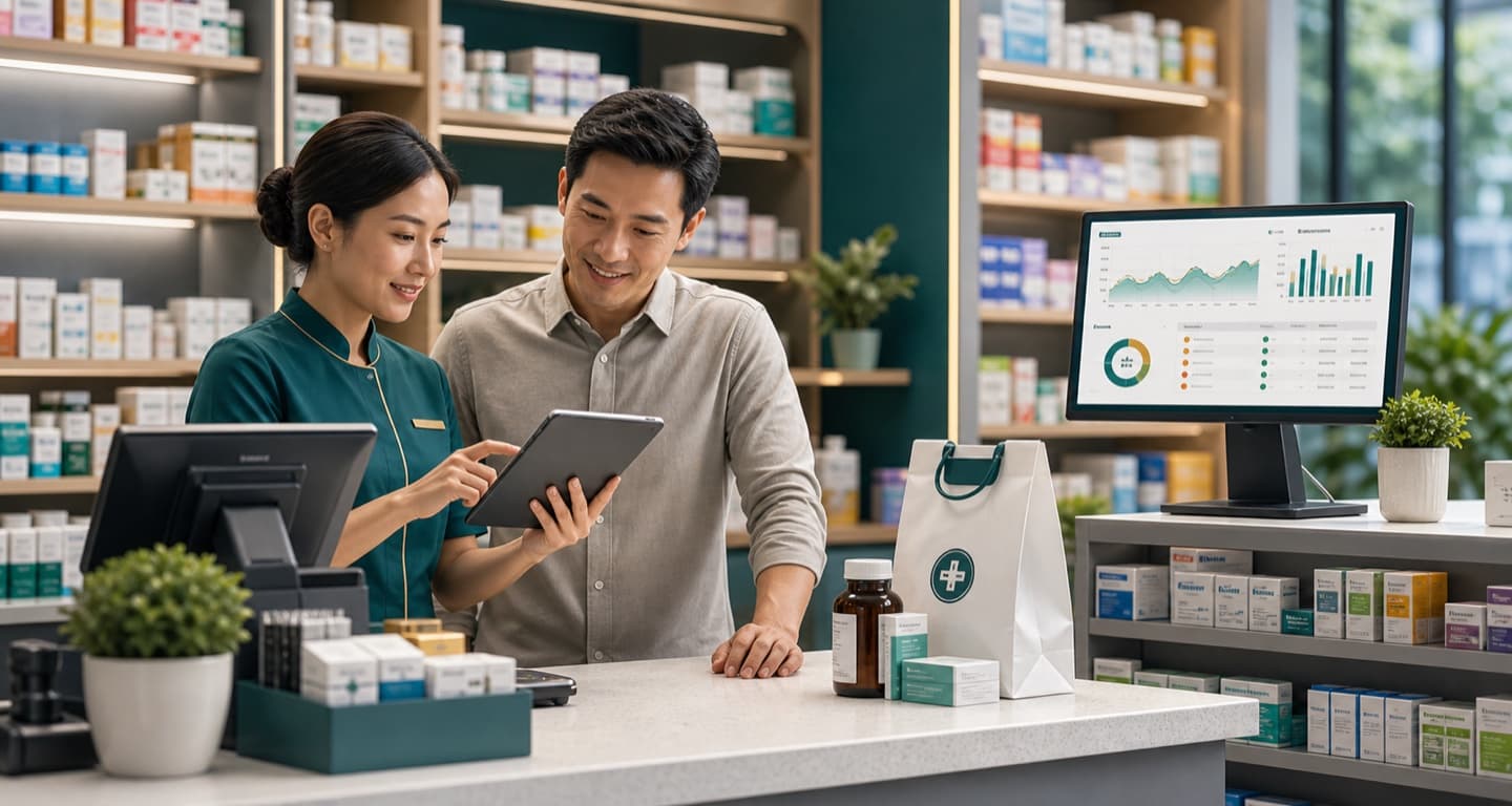 Community pharmacy owner and pharmacist reviewing retail analytics inside a community pharmacy
