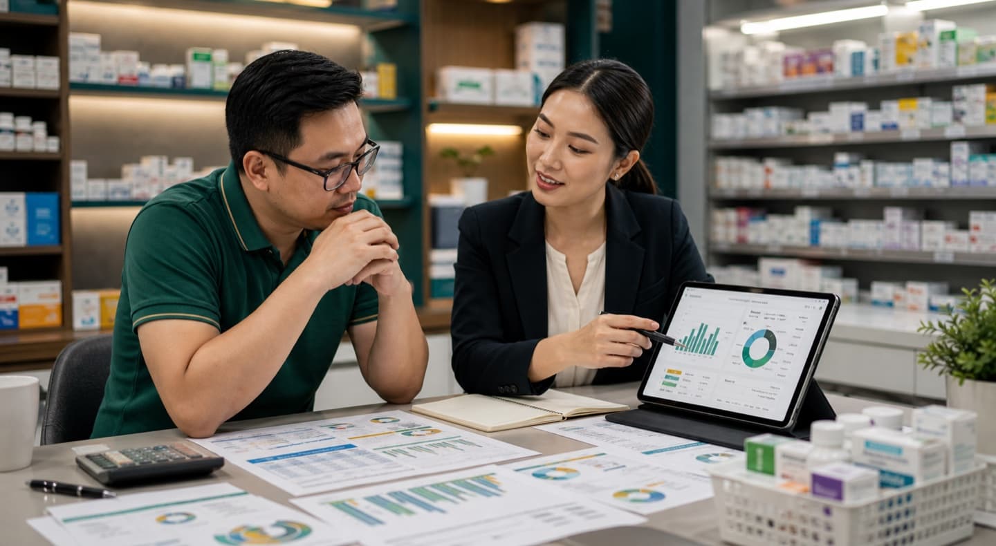 Pharmacy owner and consultant reviewing retail analytics reports inside a community pharmacy
