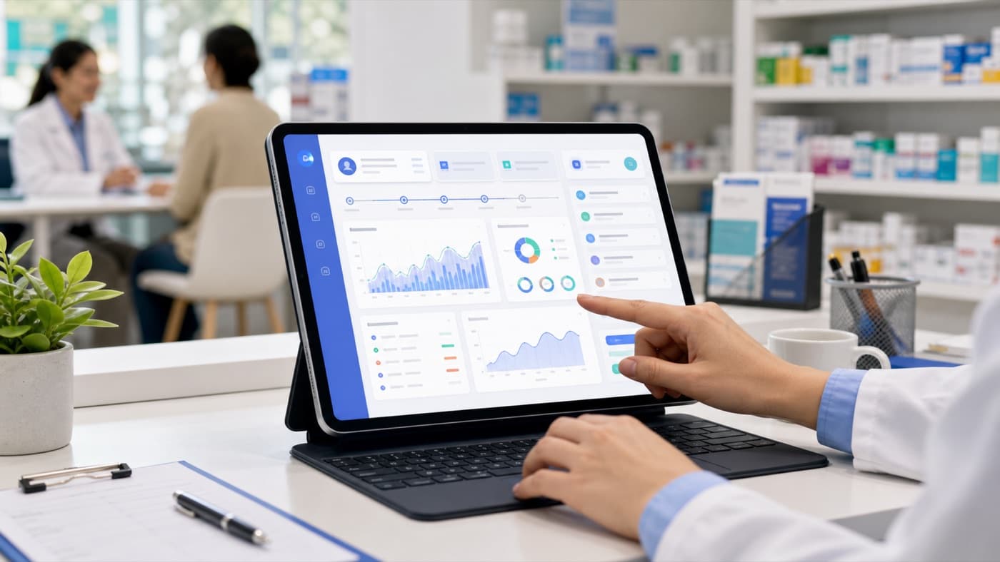 Pharmacist reviewing Medcare care workflow data on a tablet